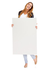 Studio, blank board and portrait of happy woman with deal info, promo or news on mockup. Signage, offer and excited girl with announcement, presentation and space on poster with white background.