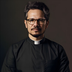 Portrait of a young pastor wearing a black shirt and clerical collar with a rosary and cross around his neck as he clasps his hands in prayer. - obrazy, fototapety, plakaty
