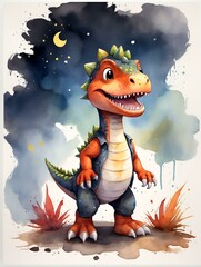 A vibrant and whimsical painting of a friendly dinosaur, captured in a playful and dynamic illustration that brings the beloved animal figure to life through charming clipart and lively animation
