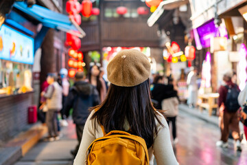 Young female tourist walking at Jinli Ancient Street in Chengdu, China