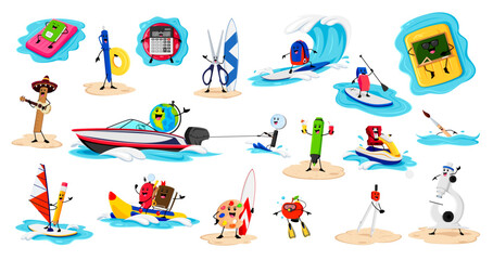 Cartoon school supply characters on summer beach vacation. Vector globe, calculator and loupe, textbook, scissors, pen and pencil with ruler. Rucksack, paint palette, eraser and felt-tip pen relax - obrazy, fototapety, plakaty