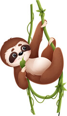 Cartoon lazy sloth animal character on tropical liana, munching on a green leaf. Isolated vector adorable and cute jungle personage enjoying eating the tasty meal, with relaxed face expression © Buch&Bee