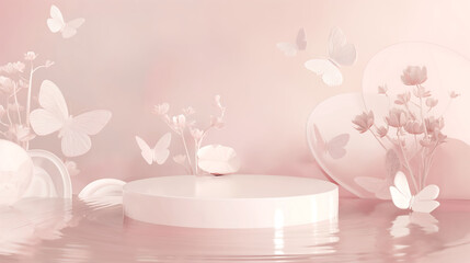 Spring pink podium mockup for cosmetics, products, perfume or jewelry, shampoo, shower gel, marble, sunlight,water, butterfly