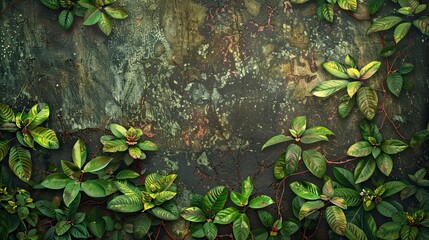 green plants on a wall art in the forest wallpaper background, in the style of realism with surrealistic elements, aerial view, baroque-inspired chiaroscuro, sony alpha a7 iii, enigmatic tropics, anal - obrazy, fototapety, plakaty