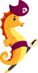 Cartoon seahorse pirate animal character. Isolated vector plucky hippocampus personage with a tricorn hat and a cutlass, navigating the waves, seeking underwater treasures and adventures on sea bottom
