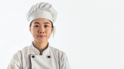Portrait of a smiling asian young female chef on white background in studio.
