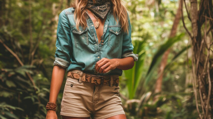 A lightweight chambray buttondown shirt tucked into highwaisted khaki shorts accessorized with wooden bead bracelets and a patterned bandana ideal for exploring a tranquil