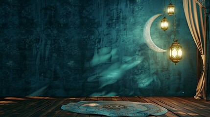 Islamic decoration background with lantern and crescent moon luxury style, ramadan kareem, mawlid, iftar, isra miraj, eid al fitr adha, muharram, copy space text area Eid Ul Fitr - generative ai