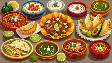 Fototapeta na wymiar Set of national dishes of mexico collection mexican meals mollete pozole pambazo empanadas 