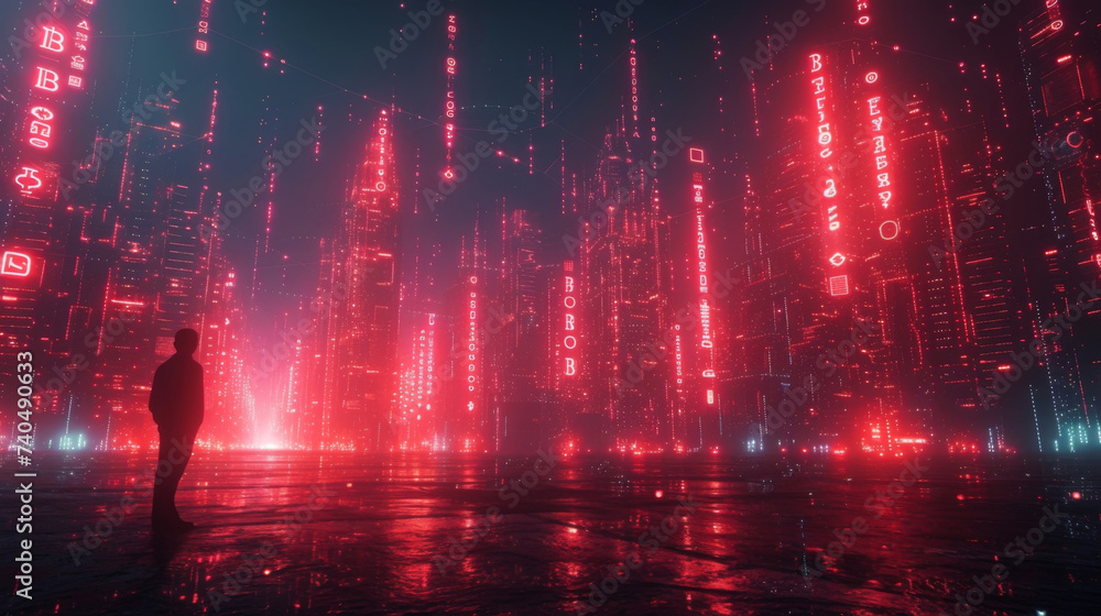 Poster a virtual marketplace filled with futuristic buildings and skyscrapers representing the global reach