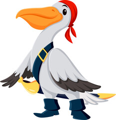 Cartoon pelican bird pirate corsair animal character. Isolated vector feathered buccaneer sailor personage donning red bandana and sword, squawks orders, searching for fishy treasures on the high seas