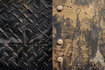 Divided into Two Halves Left Side is Dark Industrial Diamond Plate Pattern Heavy Duty Application, Right Side Textured Gold Surface with Visible Aged Patina created with Generative AI Technology