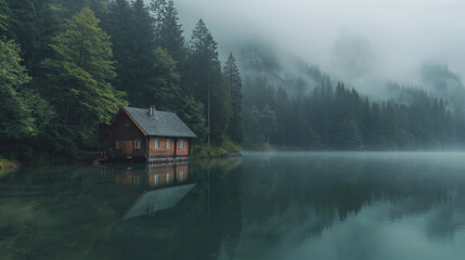 Fototapeta premium House near a lake in the mountains on a foggy morning 