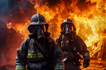 Two firefighters in uniform, against the background of the fire