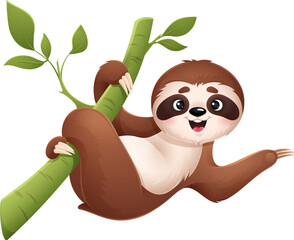 Cartoon cute sloth character hangs from tree branch. Isolated vector cheerful, tropical, jungle animal personage with a big smile, lazy yet lovable and friendly, radiating positivity and saying hello © Buch&Bee