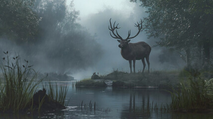 Deer walks through the foggy forest
