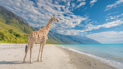Obraz premium Giraffe walks on the beach of the turquoise sea 
