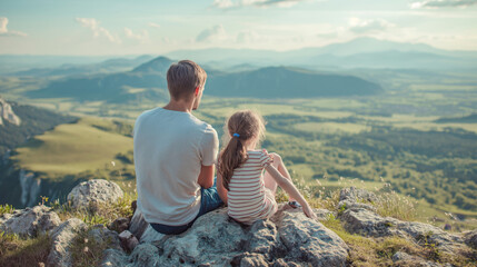 Father and daughter sit on the edge of a cliff and watch nature
