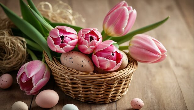 Spring blooms in a delicate basket, as pastel pink tulips and easter eggs symbolize new beginnings and growth in the comfort of an indoor oasis
