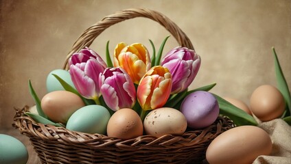 Spring's vibrant spirit blooms within a charming basket, brimming with colorful easter eggs and delicate flowers, creating an enchanting indoor scene for the joyous holiday