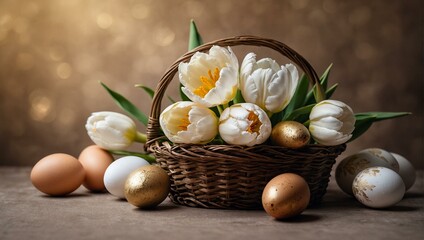 Obraz na płótnie Canvas A beautiful still life of easter produce, featuring a basket overflowing with delicate white tulips and fresh eggs, set against a spring background and symbolizing the joys of the season