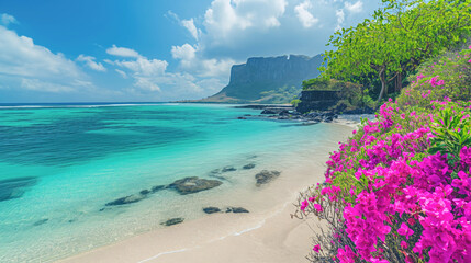 Sandy coast of a beautiful turquoise sea, with bright pink flowering bushes
