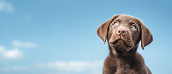 Portrait of a brown labrador puppy on the background of a blue sky - obrazy, fototapety, plakaty