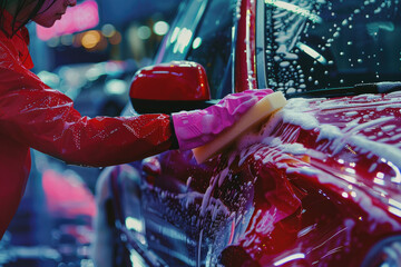 car cleaner woman washing car with sponge and detergent