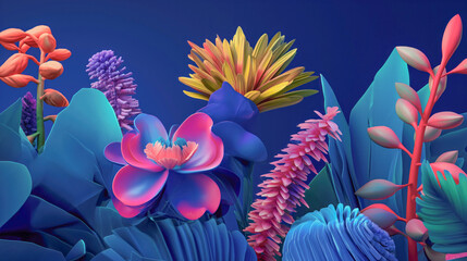 Flowers in 3D style on a blue background
