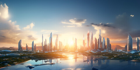 Fototapeta na wymiar Future mega city complex in sunset light generated ai