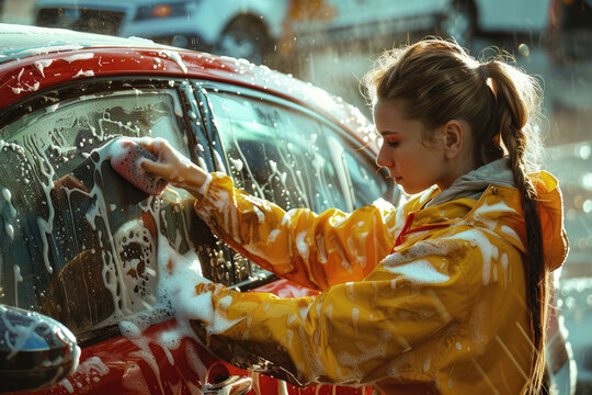 car cleaner woman washing car with sponge and detergent