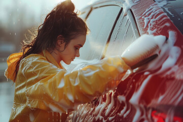 car cleaner woman washing car with sponge and detergent - obrazy, fototapety, plakaty