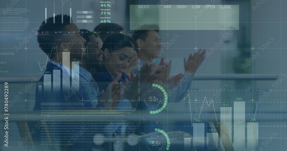 Poster image of statistic processing over business people clapping