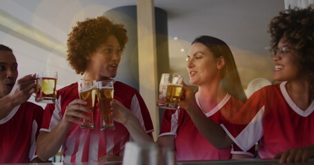 Image of light spots over happy diverse friends drinking beer