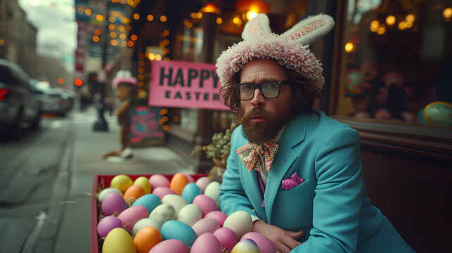Man dressed in a rabbit suit - rabbit ears - Easter  - Quirky and eccentric - idiosyncratic charm  - bright colors 