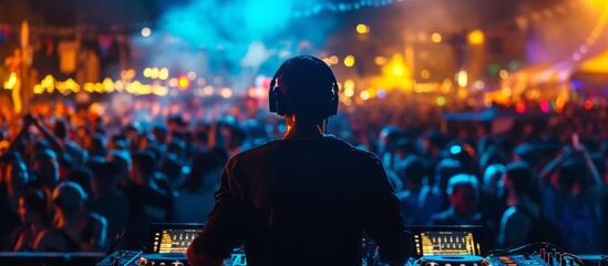 Energetic DJ mixing music in front of a lively and enthusiastic crowd at a concert event
