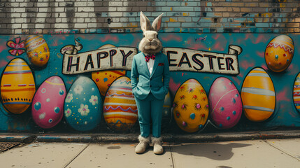 Easter Bunny standing next t0 an Easter graffiti wall - eggs - stylish suit - cinematic 