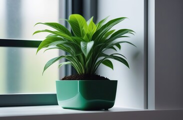 A green indoor plant grows on a plastic windowsill 
