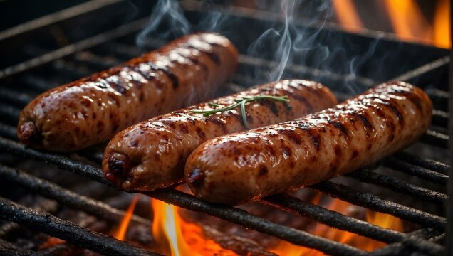 An enticing spread of various sizzling sausages, including bratwurst, kielbasa, and chorizo, grilling on a smoky barbecue while evoking a sense of mouth-watering anticipation and summertime nostalgia