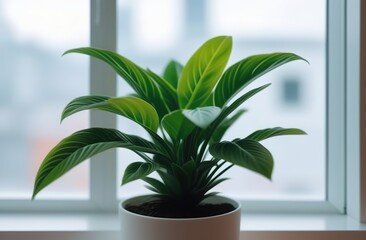 Fototapeta premium A green indoor plant grows on a plastic windowsill 