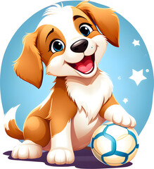 Cute puppy with soccer ball. Cartoon character