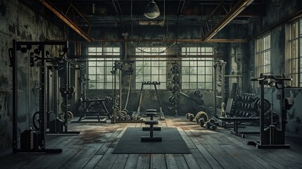 Empty gym, fitness or floor space for training hall in open room or health studio for exercise or workout. Interior