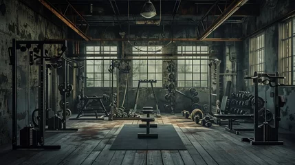 Foto op Aluminium Empty gym, fitness or floor space for training hall in open room or health studio for exercise or workout. Interior © Ruslan Gilmanshin