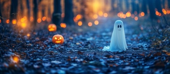 Spooky ghost holding a Jack-o'-lantern pumpkin in the dark misty forest at night - obrazy, fototapety, plakaty