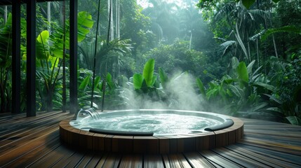 Outdoor built in hot tub, spa pool in the backyard in the jungle