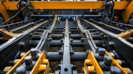 A closeup of a harvesting machine reveals a symmetrical design with precise blades and ting mechanisms. This attention to detail allows for consistent and accurate crop collection.