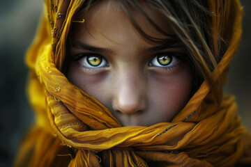 A little girl wrapped in a headscarf looks at the camera with piercing bright eyes. - obrazy, fototapety, plakaty