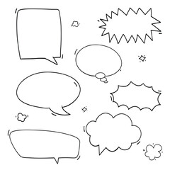 Hand drawn set of sketch speech bubbles clouds rounds hearts stars thought bubbles design elements