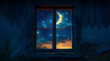 Fototapeta na wymiar Mystical window with crescent moon in the night sky, generative ai
