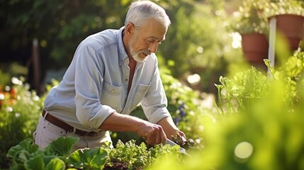 An elderly man works diligently in his garden tending to his flourishing crops with a sense of purpose and pride finding a newfound passion for gardening in his retirement - obrazy, fototapety, plakaty